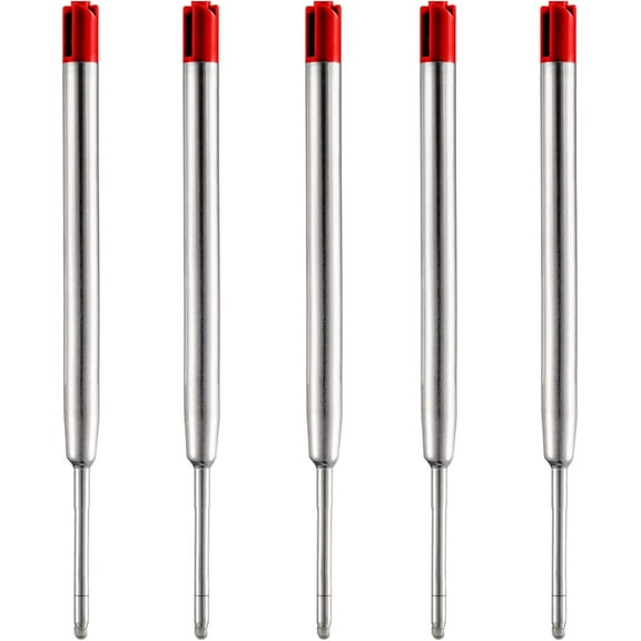 Red Ink Refill Pack of 5, Replaceable Ballpoint Pen Refills, Medium Point Metal Refill (Red)