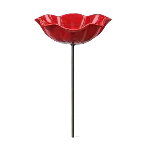 Red Iron Flower-Shaped Bird Bath with Sturdy Metal Frame for Garden and Backyard Use