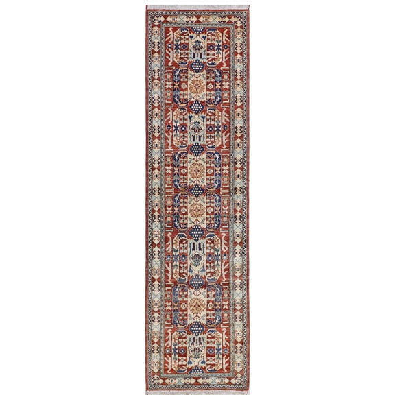 Red & Ivory Premium Handwoven Pure Wool Chobrang Rug, 2ft 8in x 9ft 11in