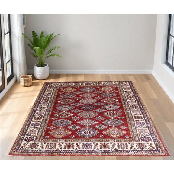 Red  Ivory Premium Handwoven Pure Wool Super Kazak Rug, 5ft 1in x 6ft 7in