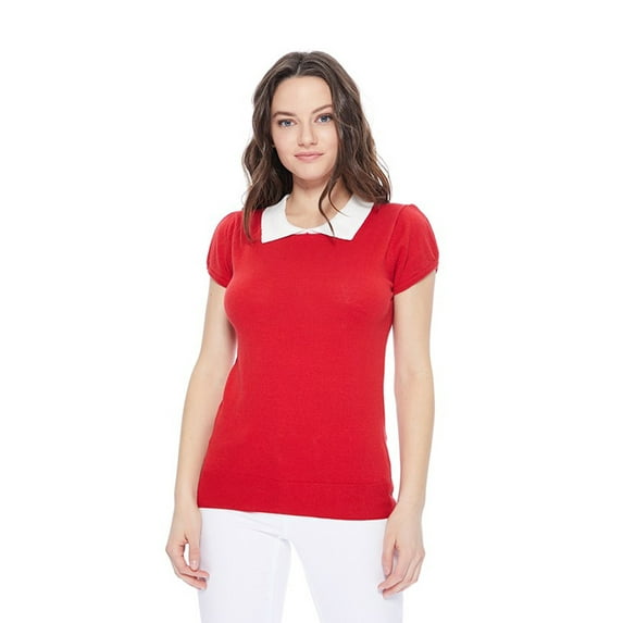 Red & Ivory Short Sleeve Knit Top - Peter Pan Collar Retro - S to L