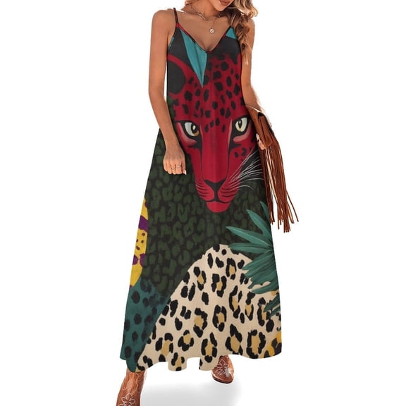 Red Jaguar Tropical Jungle Art Sleeveless Dress Women's Evening Dress Womans Clothing
