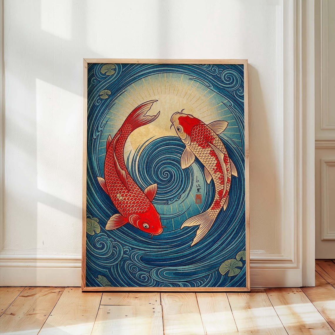 Red Japanese Koi Fish Wall Art Print, Yin Yang Woodblock Style Japandi ...