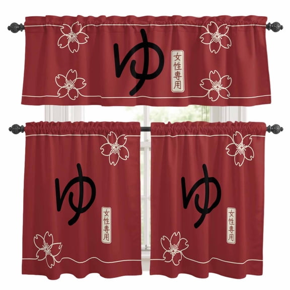 Red Japanese Retro Kitchen Curtains Sets for Windows 36 Inch Length, Harmony Cherry Blossoms Rod Pocket Window Treatments Tier Curtains and Valances Set for Bedroom/Bathroom