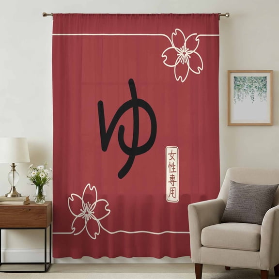 Red Japanese Retro Sheer Curtains 45 Inches Long, Harmony Cherry Blossoms Light Filering Curtains, Breathable Simi Curtain Privacy Drapes for Kitchen Bathroom Lightweight Small Window Treatment
