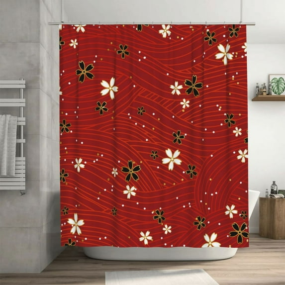 Red Japanese Style Flowers Pattern Shower Curtain, Waterproof Bath Curtains for Bathroom Decorations, 72 x 72 inches
