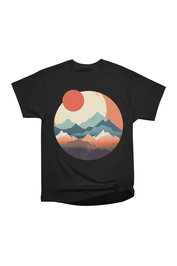 Red Japanese Sun and Moon Flat Style Mountains T-Shirt Tee Gift For Him Merch For Her Appa