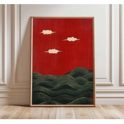 Red Japanese Wave Poster Traditional Cloud Wall Art Minimalist Ukiyo-e Print Zen Japanese Landscape Decor Vintage Asian Print