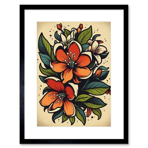 Red Jasmine Flower Old School USA Tattoo Ink Body Rockabilly Americana 50s Artwork Framed Wall Art Print 9X7 Inch