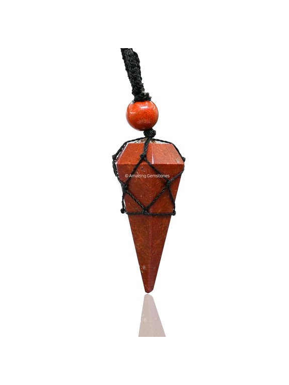 Red Jasper Crystal Stone Holder Necklace Pendulum, Unique Women Men Necklace (Black Macrame)
