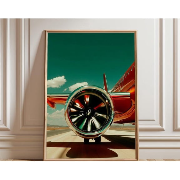 Red Jet Engine Green Sky Aviation Illustration Modern Airplane Wall Art, Unframed Paper Poster 8x10in