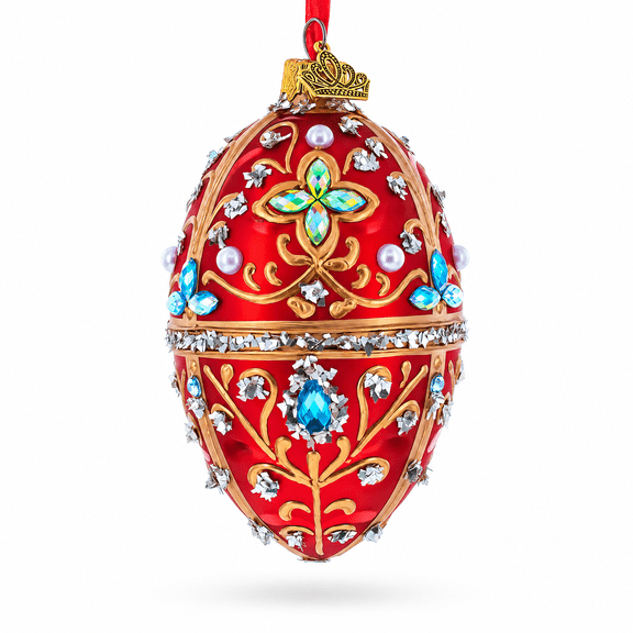 Red Jewel-Encrusted Egg Gold Filigree Crystal Floral Accents Glass Egg