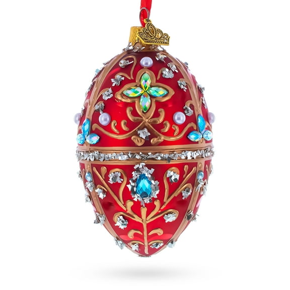 Red Jewel-Encrusted Egg with Gold Filigree and Crystal Floral Accents Glass Egg Ornament 4 Inches