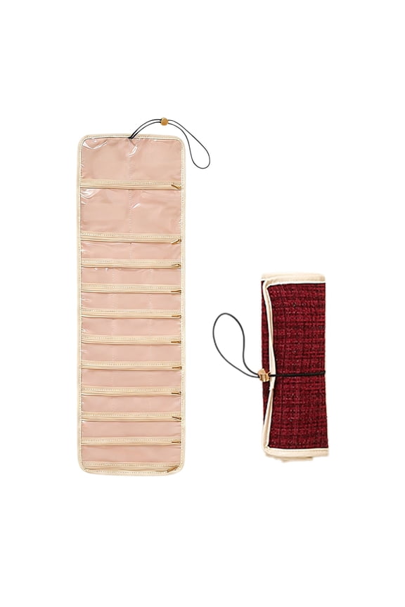 Red Jewelry Storage Bag Large Capacity Roll-Up Hanging Organizer With Zippered Pockets Earring Slots Travel Jewelry Pouch For Earrings Necklaces Bracelets Red Plaid