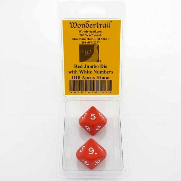 Red Jumbo Dice with White Numbers D10 31mm Pack of 2 Wondertrail