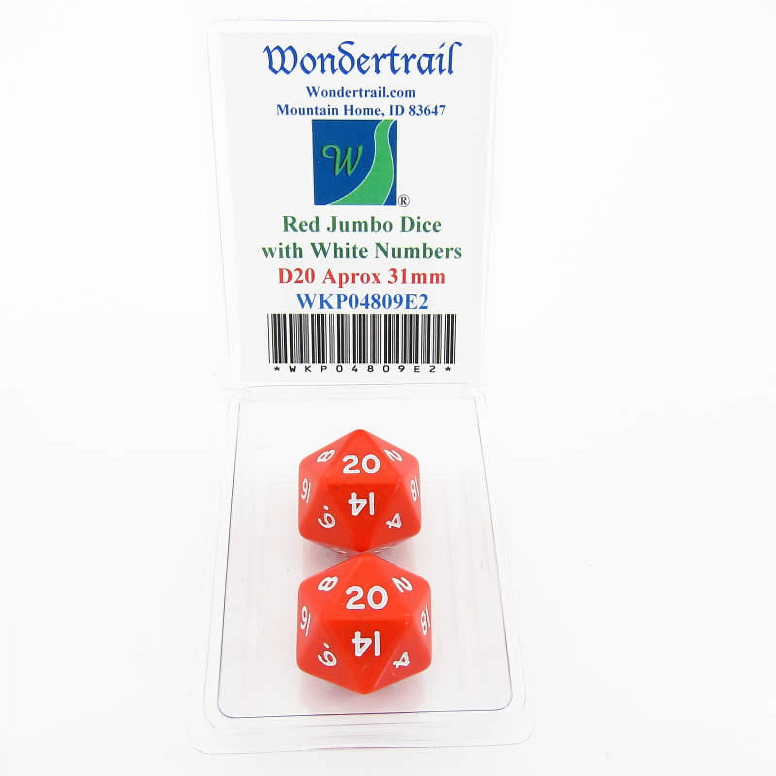 Red Jumbo Dice with White Numbers D20 31mm Pack of 2 Wondertrail