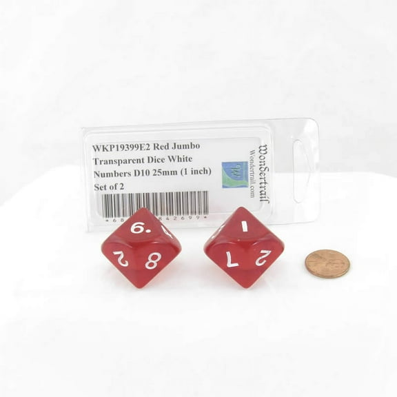 Red Jumbo Transparent Dice with White Numbers D10 25mm (1 inch) Set of 2 Wondertrail