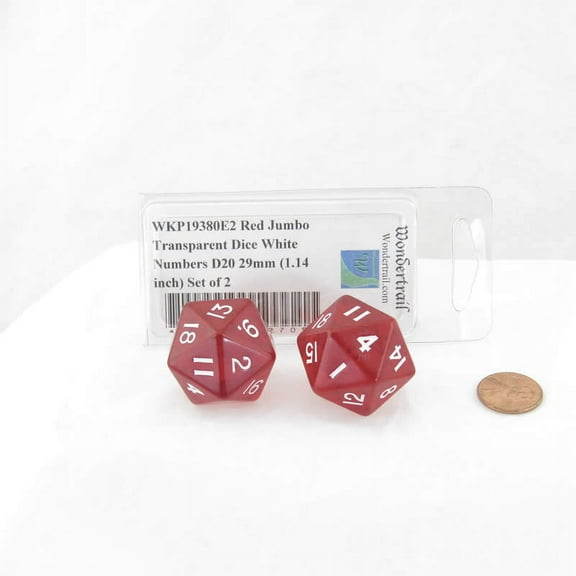 Red Jumbo Transparent Dice with White Numbers D20 29mm (1.14 inch) Set of 2 Wondertrail