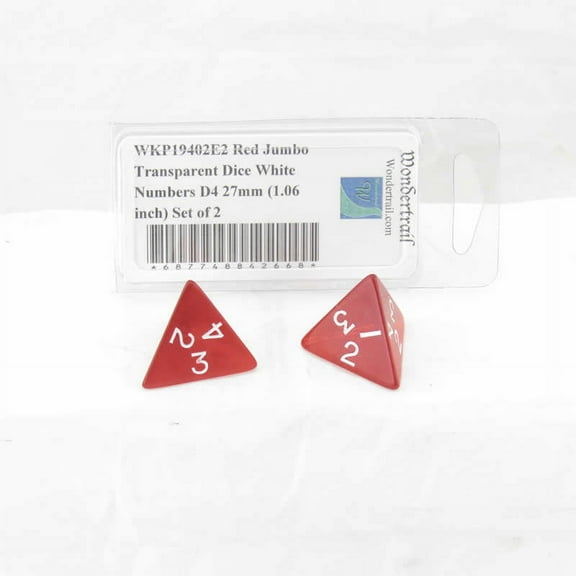 Red Jumbo Transparent Dice with White Numbers D4 27mm (1.06 inch) Set of 2 Wondertrail