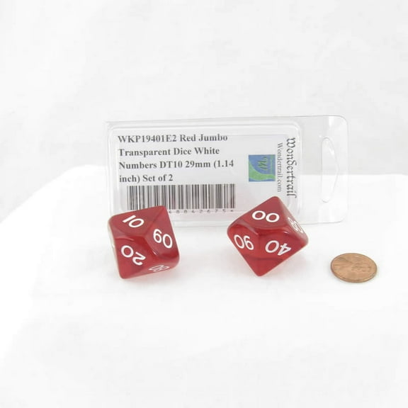 Red Jumbo Transparent Dice with White Numbers DT10 29mm (1.14 inch) Set of 2 Wondertrail