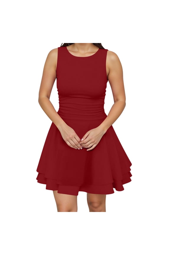 Red Juniors Sleeveless Dresses Homecoming Dresses for Women Crew Neck Formal Date Night Gowns Evening Pleated Ruffle Midi Mini Petite Fall Summer Dresses 2025 L
