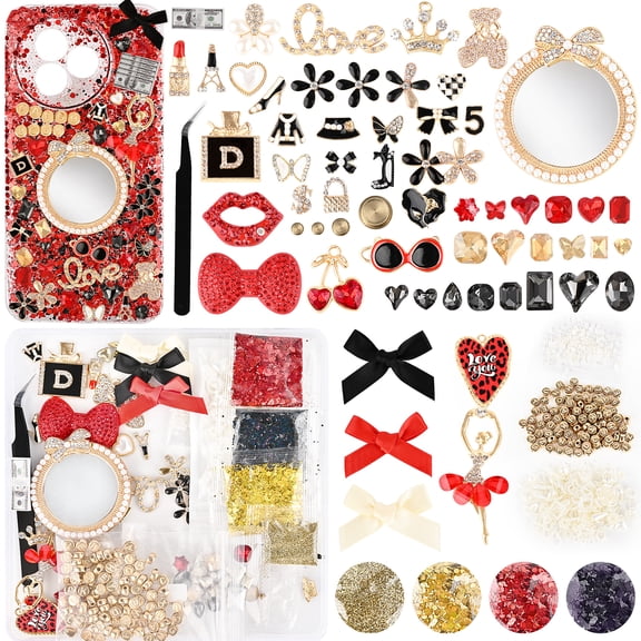 Red Junk Case Charms Kit, Black & Red DIY Phone Case Decorations with Rhinestones, Letter Beads, Mirror & Tools for Customizing Bling Junk Phone Cases & Personalized Gifts