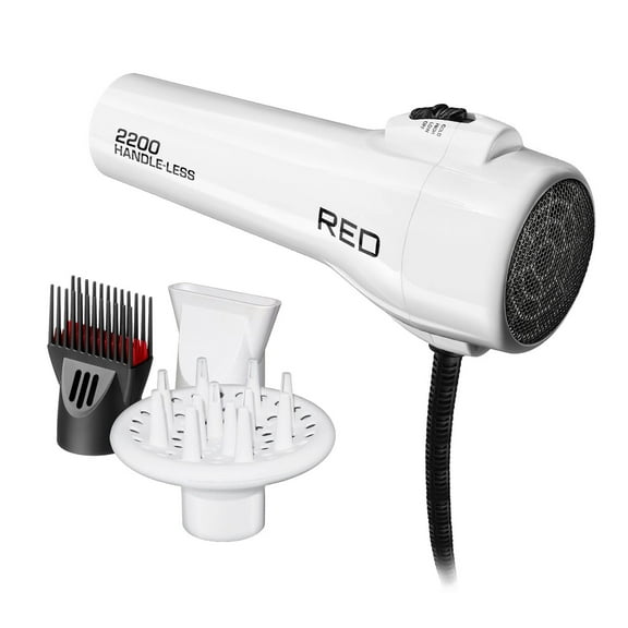 Red by KISS Handle-Less 2200W Ceramic Tourmaline Hair Dryer, 3 Heat Settings, Pik and Diffuser Included Comfortable Grip, Ionic for Frizz-Free Shine, Detangler & Straightening (White)