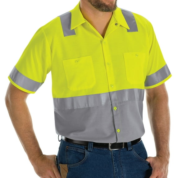 Red Kap Men's Hi-Visibility Short Sleeve Color Block Ripstop Work Shirt - Type R, Class 2