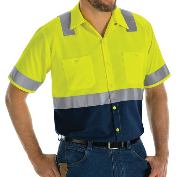 Red Kap Men's Hi-Visibility Short Sleeve Color Block Ripstop Work Shirt - Type R, Class 2