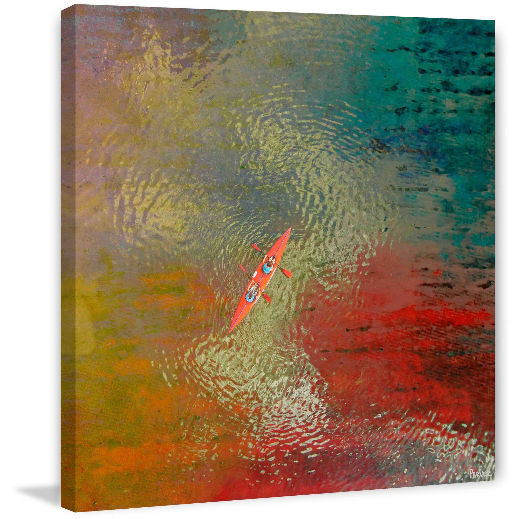 Vivid Red and Blue Kayak Canvas Wall Art, 32" x 32"
