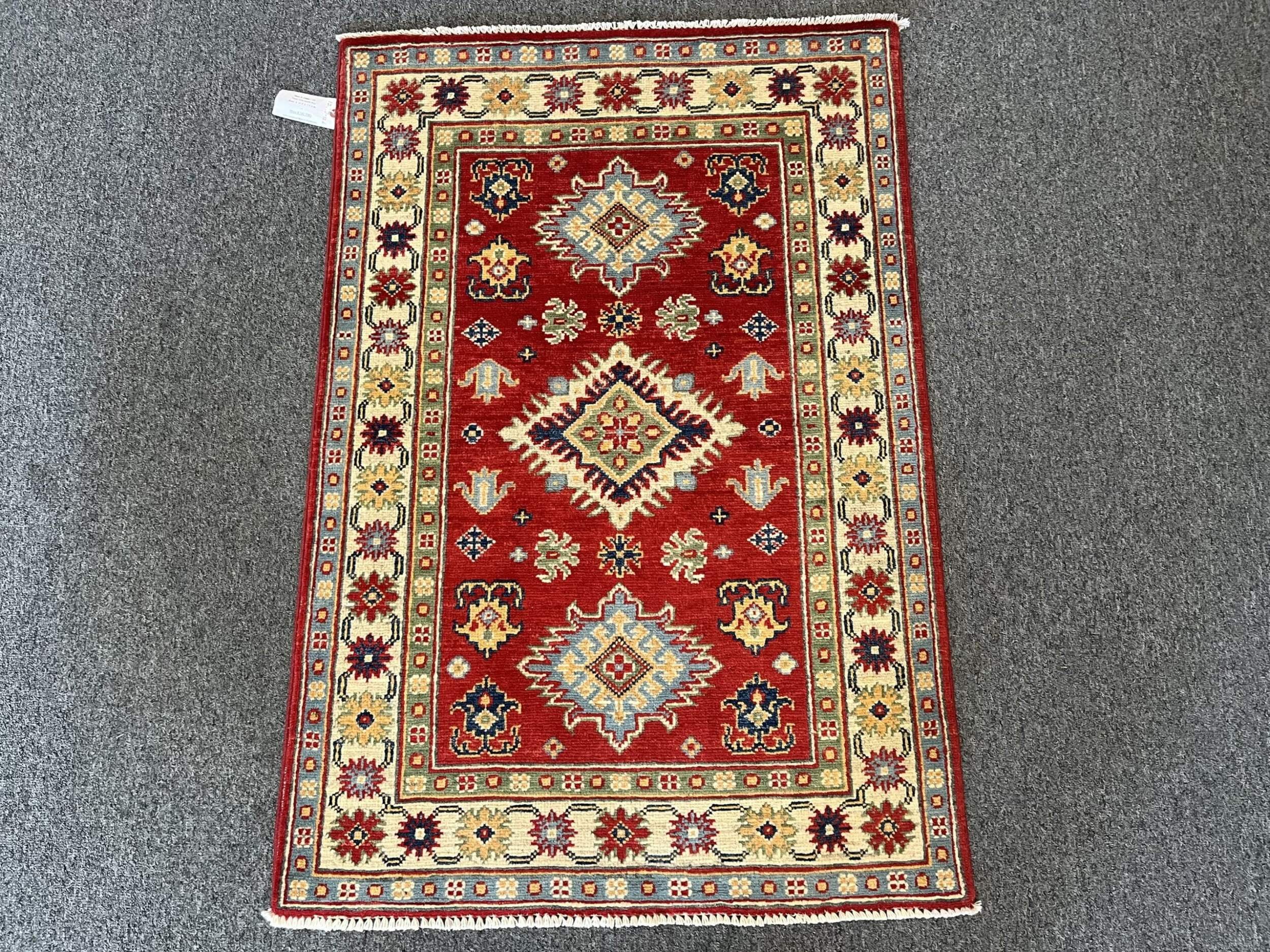 Red and Beige Kazak Hand-Knotted Wool Rug 4' x 2' 9''