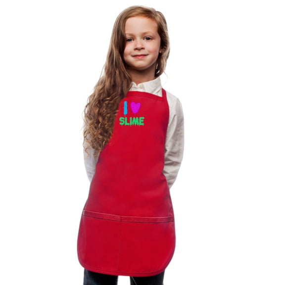 Red Kids Art Smock Apron with I Love Slime Design by My Little Doc XL
