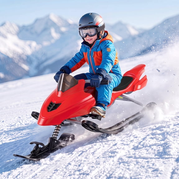 Red Kids Snow Racer Sled with Steering Handle & Foot Brakes, 90 LBS Capacity, Tow Rope with Storage Spool, Metal Frame PP Skis Winter Sled for Children