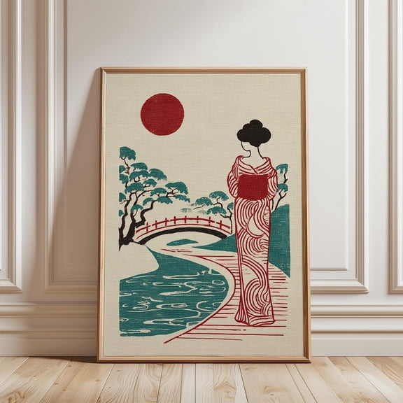 Red Kimono Geisha Poster, Japanese Bridge Landscape, Woodblock Style Wall Art, Poster Only