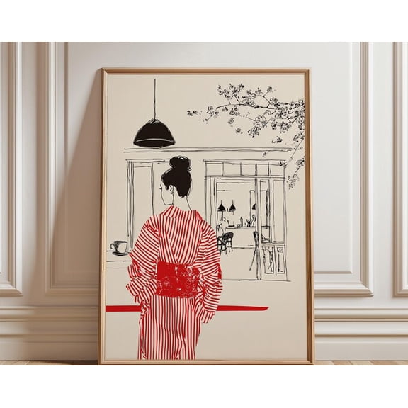 Red Kimono Line Japanese Interior Scene Illustration Minimal Asian Wall Art, Unframed Paper Poster 24x36in