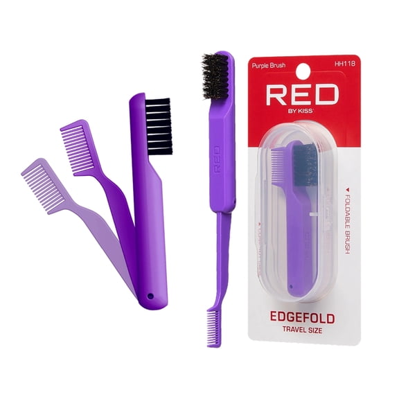 Red by Kiss 2-in-1 Foldable Comb & Edge Brush with Travel Case, Compact Palm-Sized Design, 100% Soft Boar Bristles for Smooth Hair & Edge Control, Portable Hair Styling Tool (Purple)