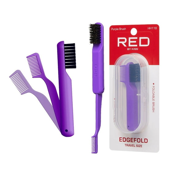 Red by Kiss 2-in-1 Foldable Comb & Edge Brush with Travel Case, Compact Palm-Sized Design, 100% Soft Boar Bristles for Smooth Hair & Edge Control, Portable Hair Styling Tool (Purple)