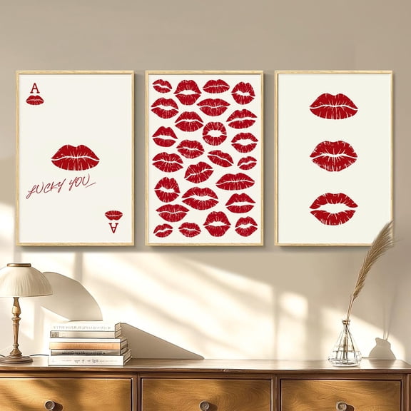 Red Kiss Art Poster Kiss Poker Cards Wall Art Trendy Decor Retro Home Decor Printed Gift Set 3