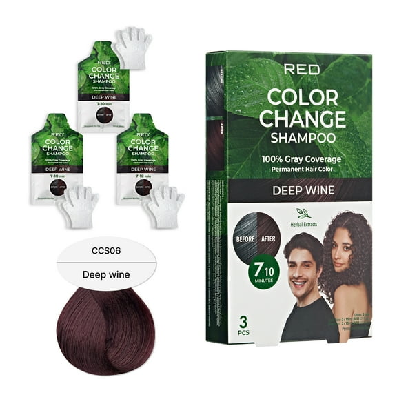 Red by Kiss Color Change Shampoo Permanent Hair Color with 100% Gray Coverage, Quick 7-10 Minute Formula, No Tools Needed, Herbal Extracts, Includes 3 Shampoo Pouches (Deep Wine)