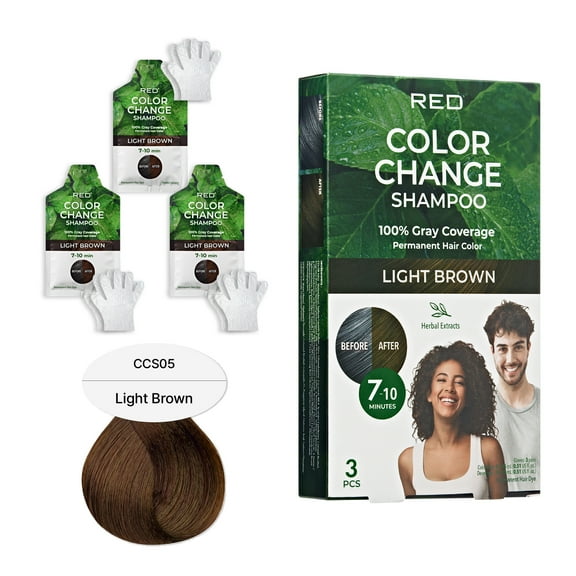 Red by Kiss Color Change Shampoo Permanent Hair Color with 100% Gray Coverage, Quick 7-10 Minute Formula, No Tools Needed, Herbal Extracts, Includes 3 Shampoo Pouches (Light Brown)