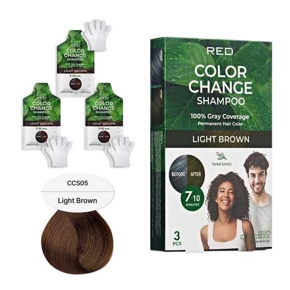 Red by Kiss Color Change Shampoo Permanent Hair Color with 100% Gray Coverage, Quick 7-10 Minute Formula, No Tools Needed, Herbal Extracts, Includes 3 Shampoo Pouches (Light Brown)