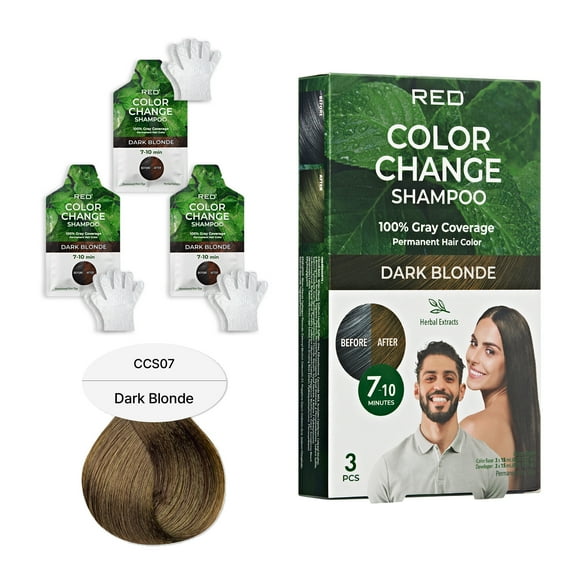 Red by Kiss Color Change Shampoo Permanent Hair Color with 100% Gray Coverage, Quick 7-10 Minute Formula, No Tools Needed, Herbal Extracts, Includes 3 Shampoo Pouches (Dark Blonde)