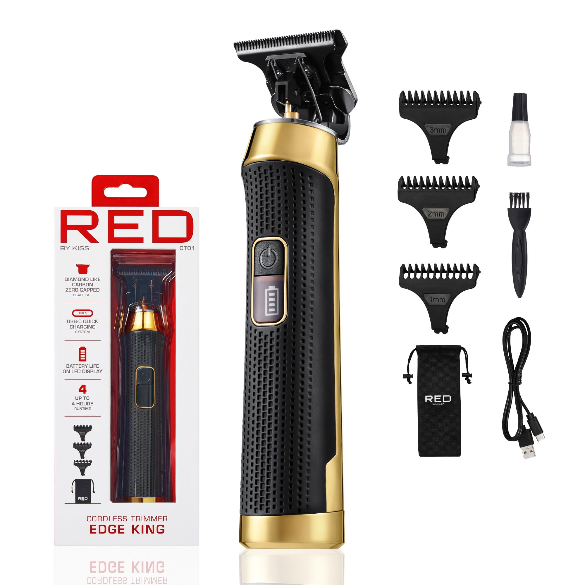 Red by Kiss Edge King Cordless Trimmer, Zero-Gapped DLC Blade for Precision Detailing, USB-C Quick Charge, Up to 4 Hours Runtime, Luxury Pouch, Blades Cover & Cleaning Supplies Included