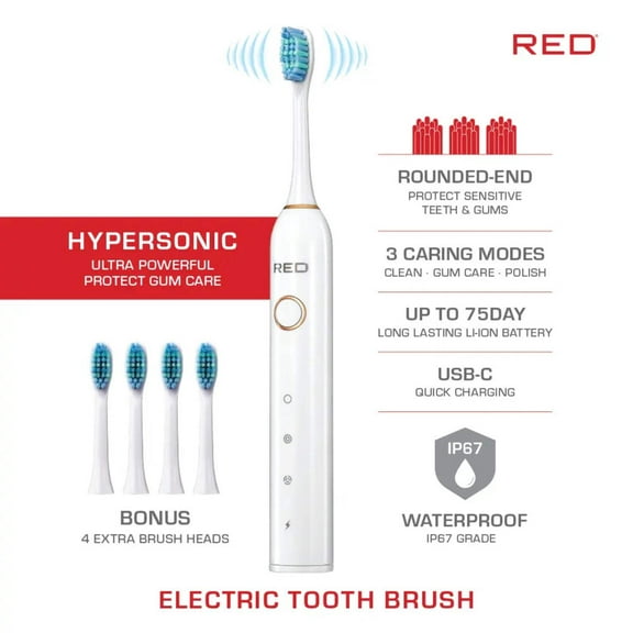 Red by Kiss Hypersonic Ultra Powerful Electric Toothbrush – 3 Cleaning Modes, Gum Care Protection, 75-Day Battery, USB-C Fast Charging, Waterproof IP67, 4 Extra Brush Head Set (White)