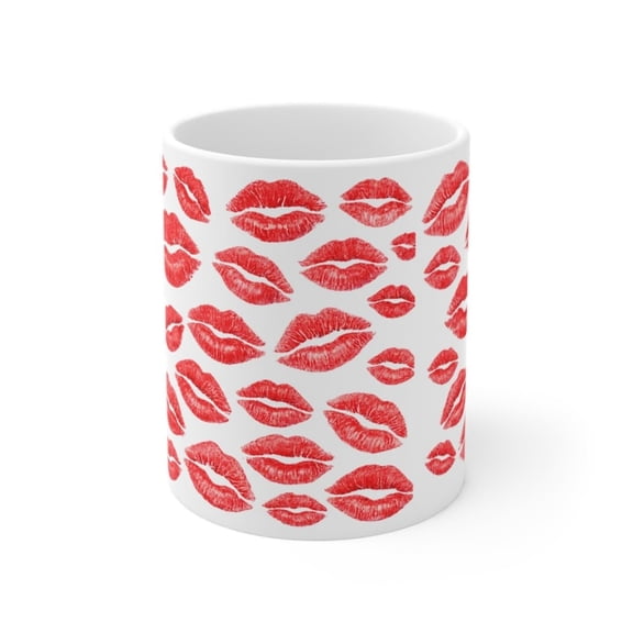 Red Kiss Lips Coffee Mug Bold Lipstick Prineramic Cup Vaine Gift.