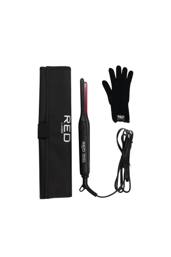 Pencil Flat Iron up to 450F Thin Small Tourmaline Ceramic Plate 0.3 inch (3/10") for Women and Men, Short to Medium Hair, Pixie Cut, Bangs, Edges.. A Travel Pouch and a Glove Included