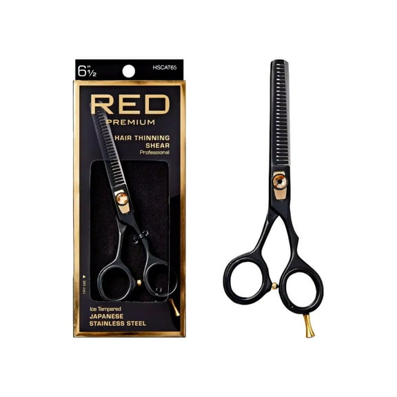 Red by Kiss Premium Artisan Professional Hair Shears, Ice Tempered Japanese Stainless Steel Scissors, Sharp Blades for Precise Cutting, Ergonomic & Adjustable Tension Screw (Thinning, 6.5in)