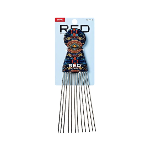 Red by Kiss Soul Pik Afro Comb, Scalp-Safe Skin Friendly Metal Teeth, for Curly & Straight Hair, Durable & Elegant Hairdressing Tool, Fashion Stylish for Daily Styling (Majestic Fan, Long)