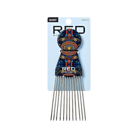 Red by Kiss Soul Pik Afro Comb, Scalp-Safe Skin Friendly Metal Teeth, for Curly & Straight Hair, Durable & Elegant Hairdressing Tool, Fashion Stylish for Daily Styling (Majestic Fan, Short)