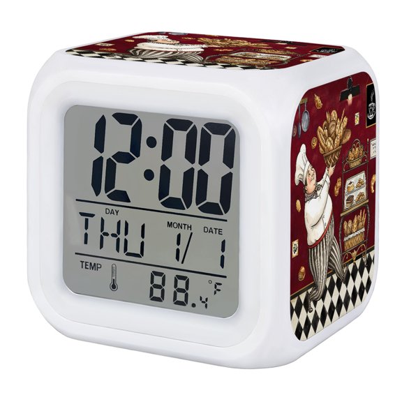 Red Kitchen Baker Digital Alarm Clock for Bedrooms, Smart LED Alarm Clock with 7 Color Changing Night Light, Rustic Chef Cooking Kitchenware Silent Wake Up Clocks for Sleep Study Cooking 3.2"x3.2"